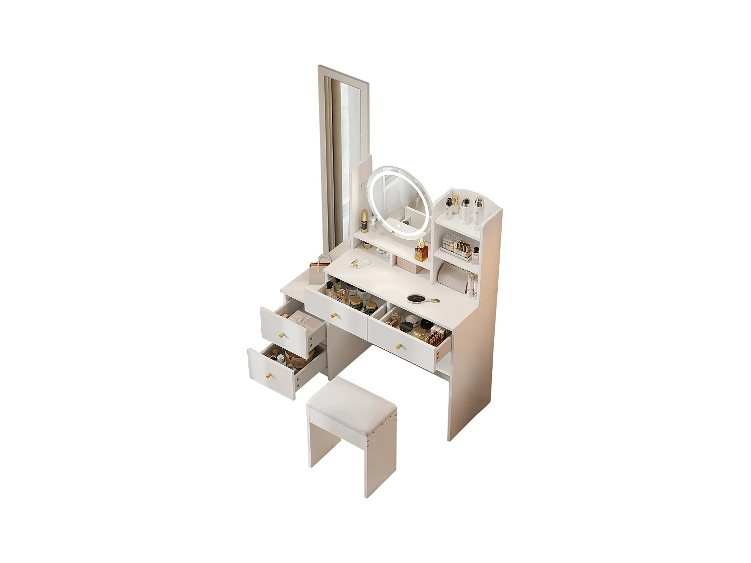 Tavolo da toeletta 4 in 1 con illuminazione a LED, specchio a figura intera, specchio girevole a 360°, sgabello, maniglia in metallo, bianco (109 x 36 x 164 cm)