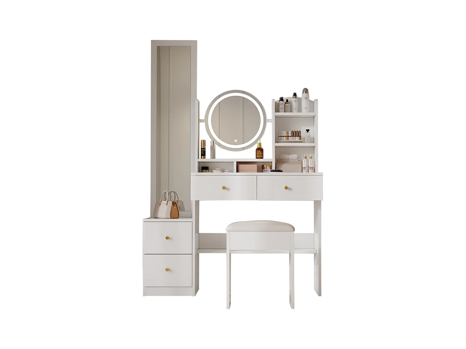 Tavolo da toeletta 4 in 1 con illuminazione a LED, specchio a figura intera, specchio girevole a 360°, sgabello, maniglia in metallo, bianco (109 x 36 x 164 cm)