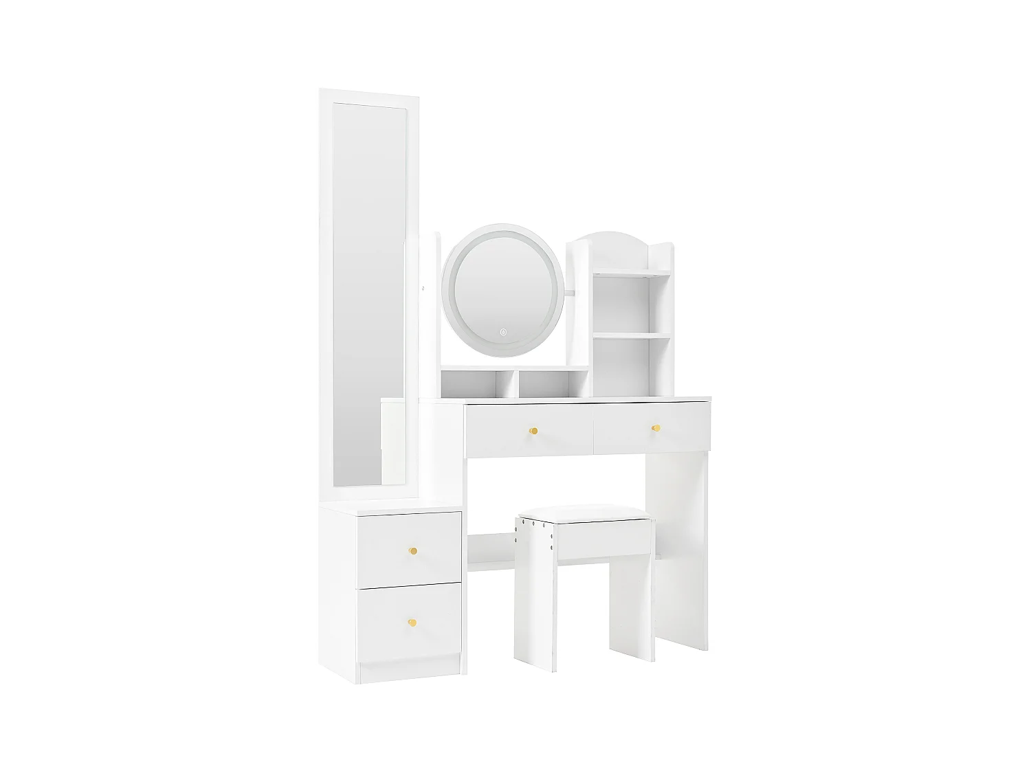 Tavolo da toeletta 4 in 1 con illuminazione a LED, specchio a figura intera, specchio girevole a 360°, sgabello, maniglia in metallo, bianco (109 x 36 x 164 cm)