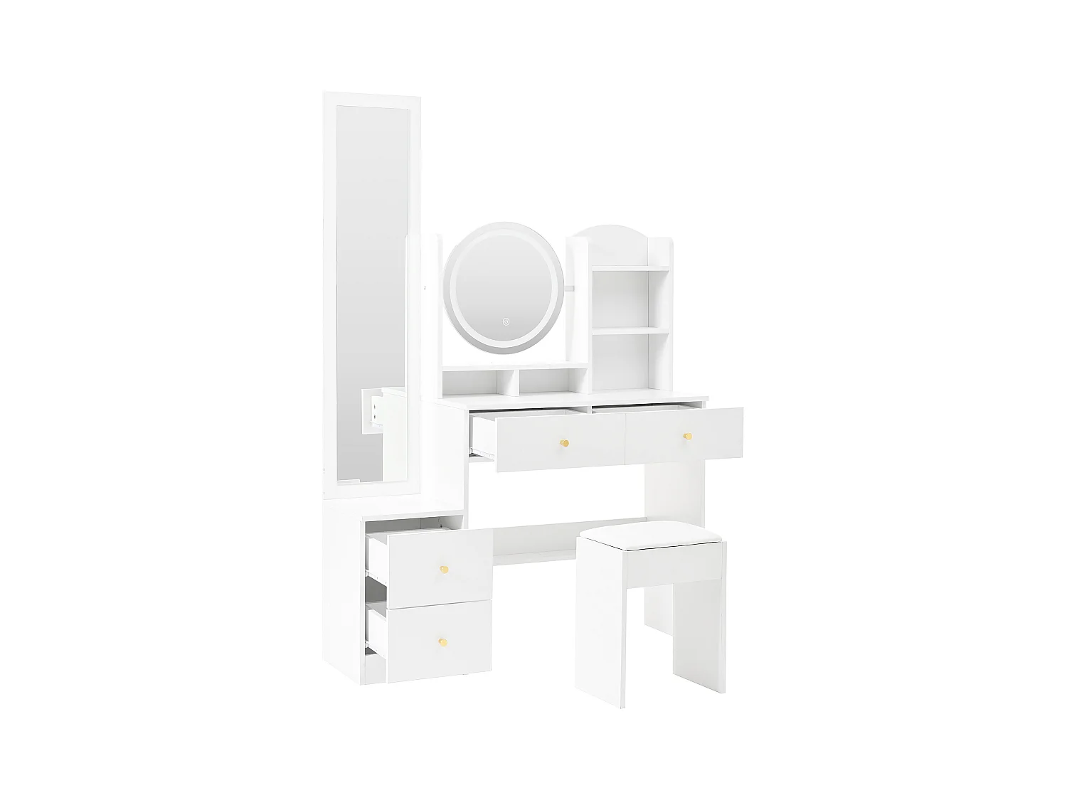 Tavolo da toeletta 4 in 1 con illuminazione a LED, specchio a figura intera, specchio girevole a 360°, sgabello, maniglia in metallo, bianco (109 x 36 x 164 cm)