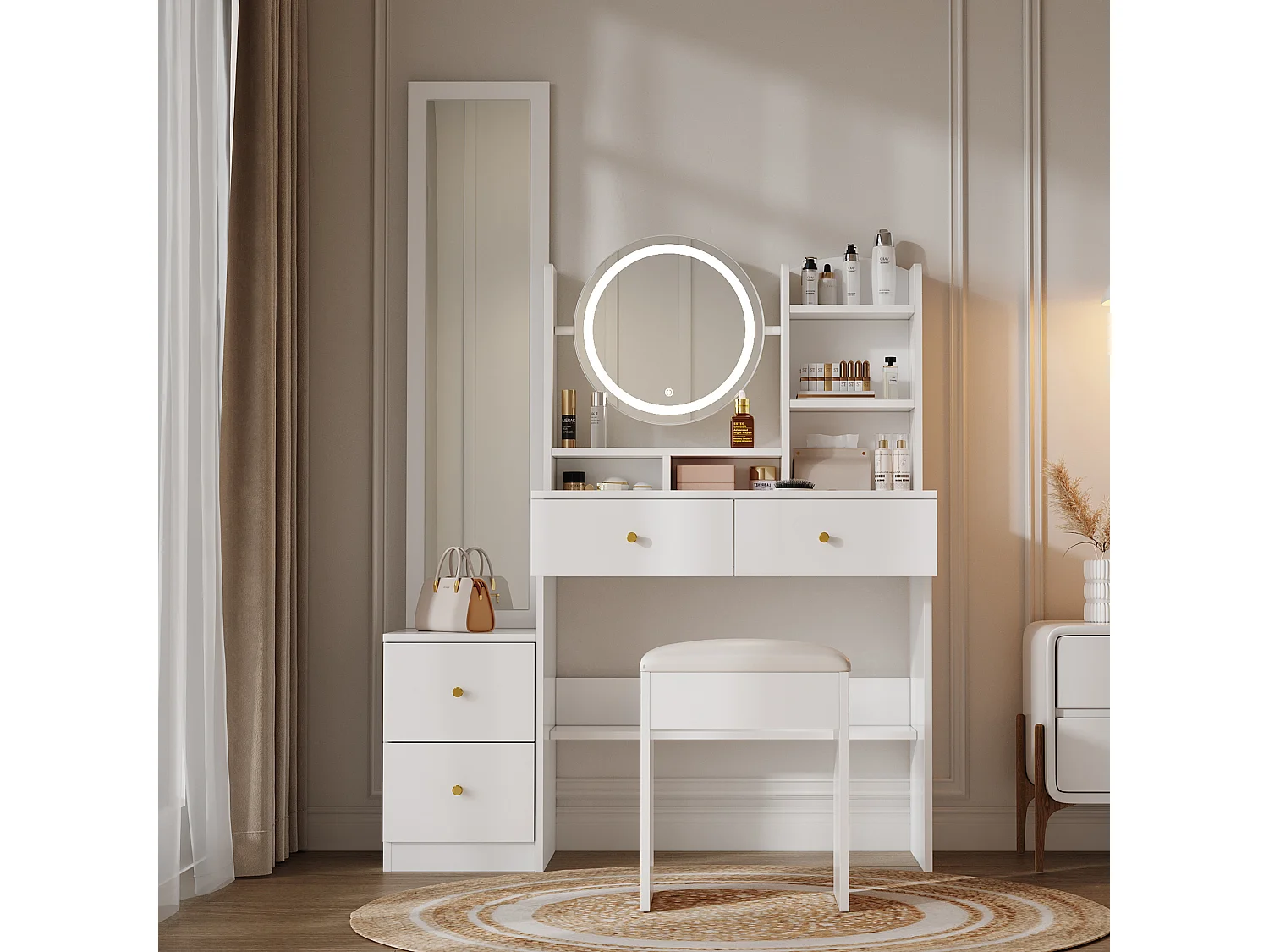 4-in-1 kaptafel met LED-verlichting, grote spiegel, 360° draaibare spiegel, kruk, metalen handgreep, wit (109 x 36 x 164 cm)