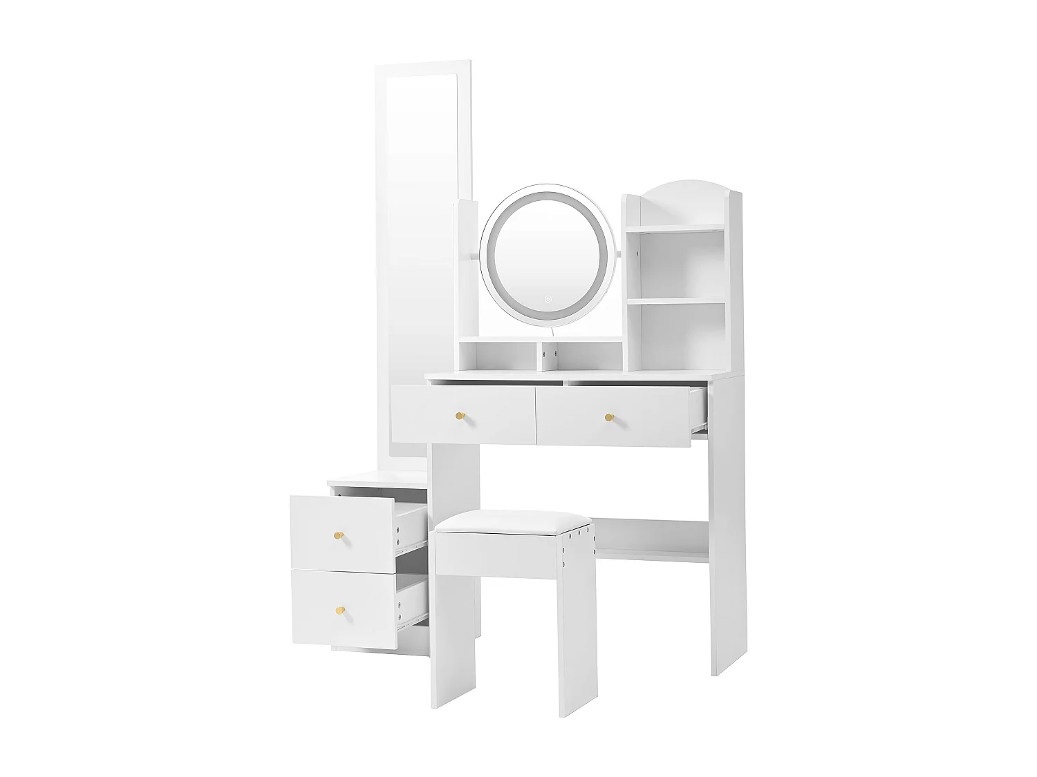 4-in-1 kaptafel met LED-verlichting, grote spiegel, 360° draaibare spiegel, kruk, metalen handgreep, wit (109 x 36 x 164 cm)