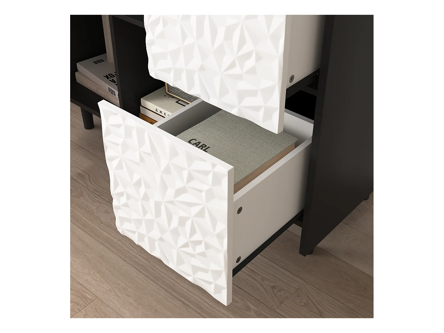 Dressoir met 2 lades, 2 open planken en rode deuren, moderne opbergkast in zwart en rood MDF (90x40x80 cm)