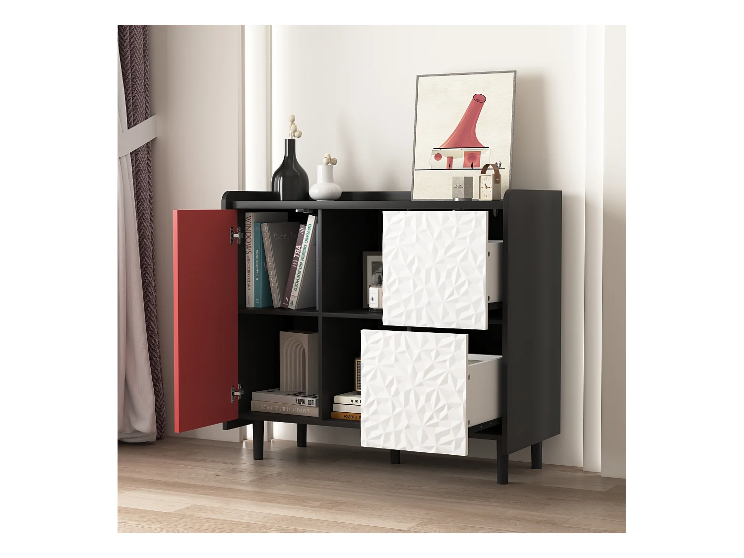 Dressoir met 2 lades, 2 open planken en rode deuren, moderne opbergkast in zwart en rood MDF (90x40x80 cm)