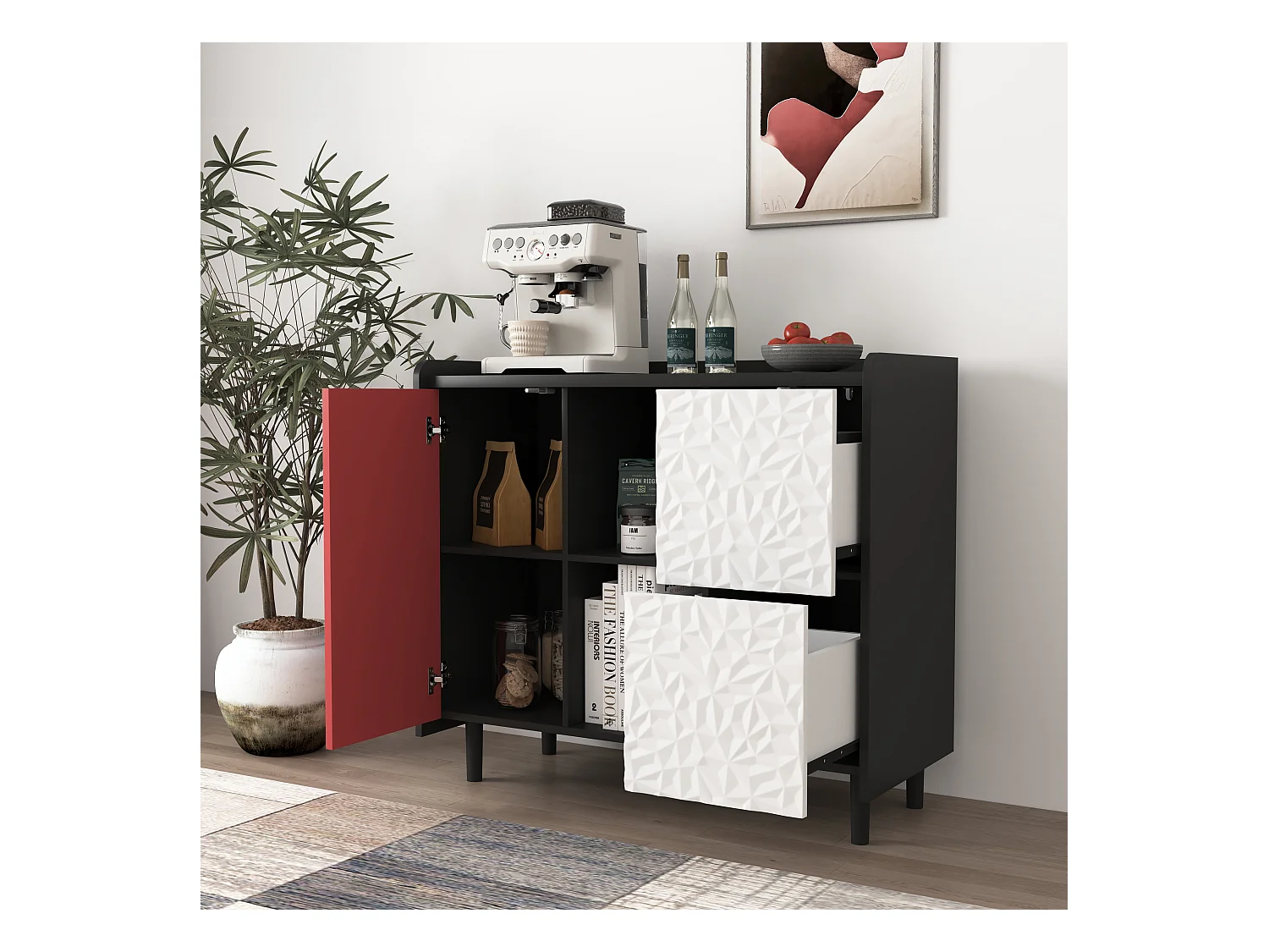 Dressoir met 2 lades, 2 open planken en rode deuren, moderne opbergkast in zwart en rood MDF (90x40x80 cm)