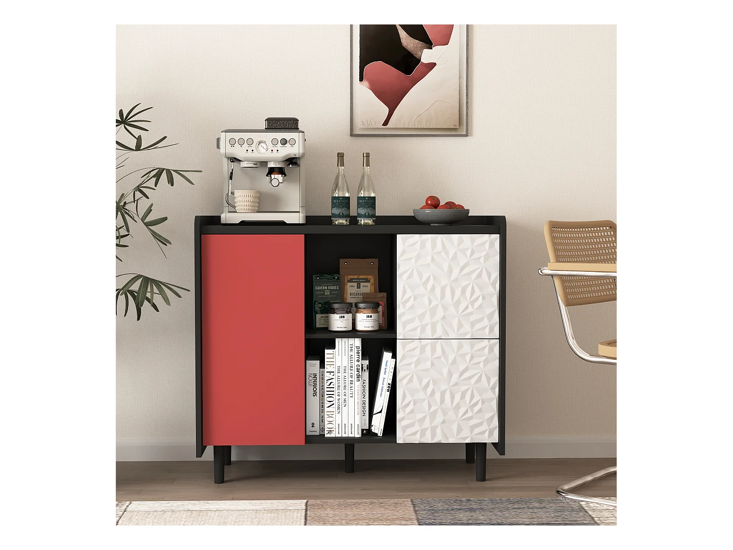 Buffet avec 2 tiroirs, 2 étagères ouvertes et portes rouges, meuble de rangement moderne en MDF noir et rouge (90x40x80 cm)