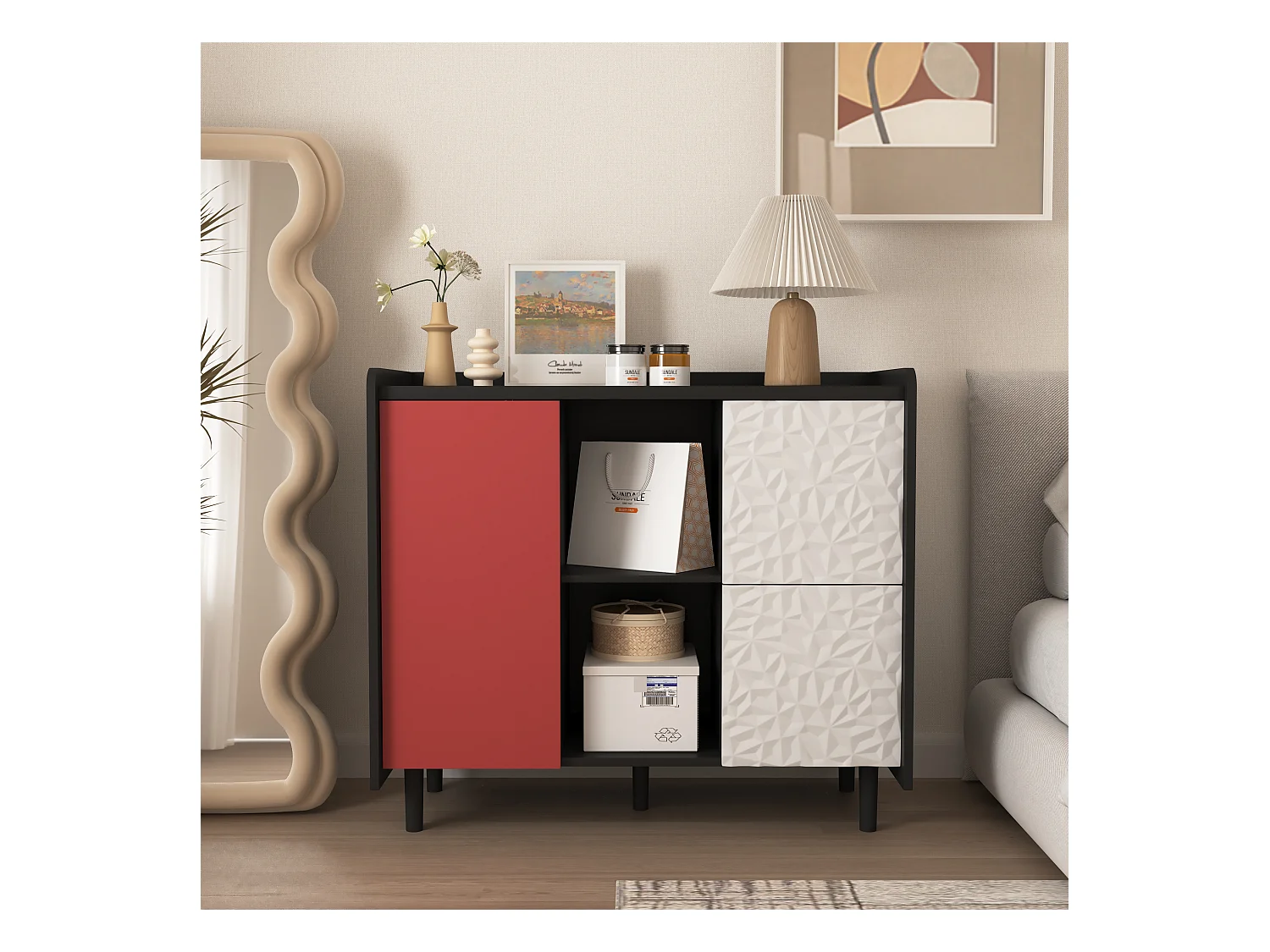 Buffet avec 2 tiroirs, 2 étagères ouvertes et portes rouges, meuble de rangement moderne en MDF noir et rouge (90x40x80 cm)