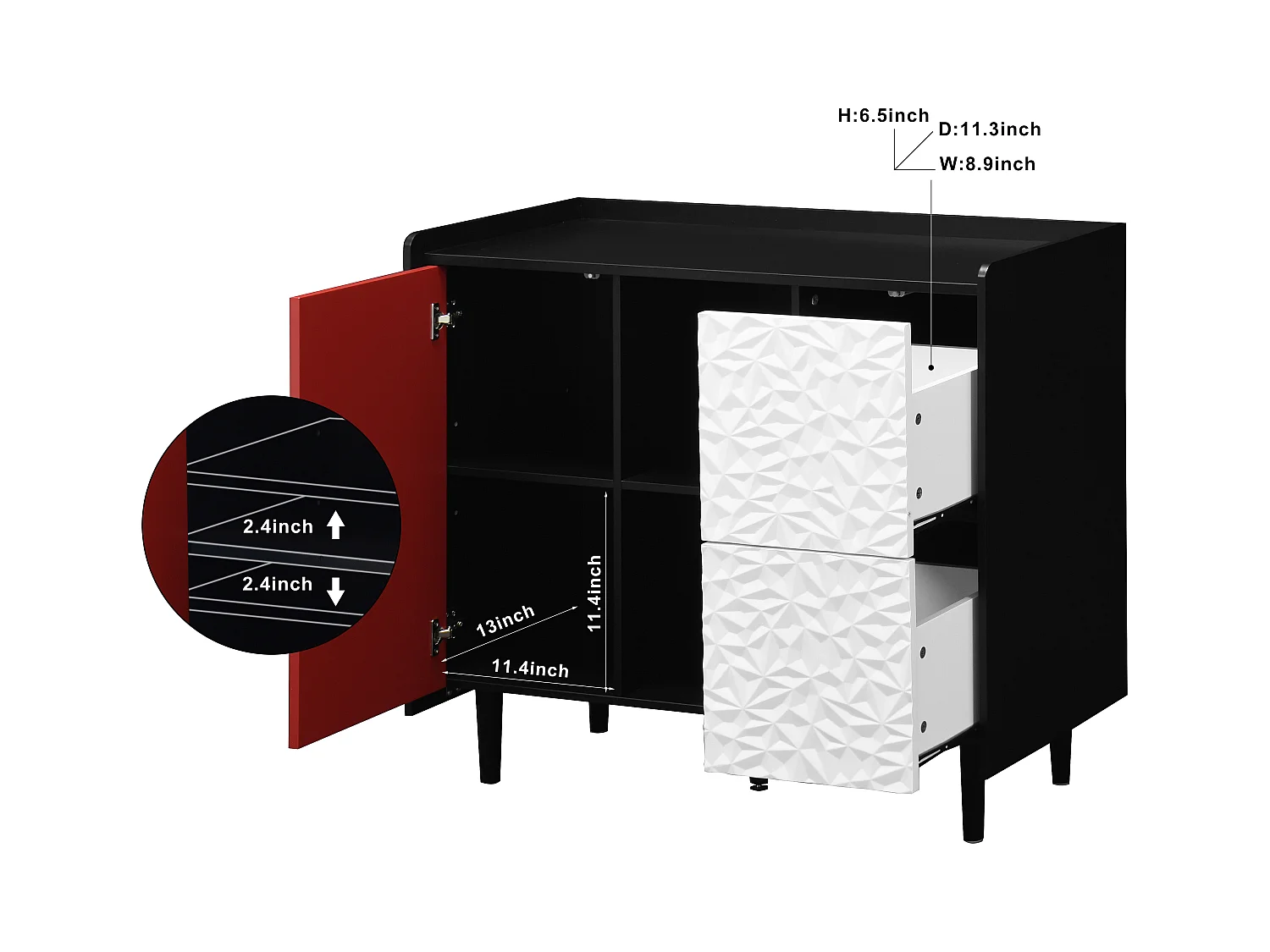 Buffet avec 2 tiroirs, 2 étagères ouvertes et portes rouges, meuble de rangement moderne en MDF noir et rouge (90x40x80 cm)