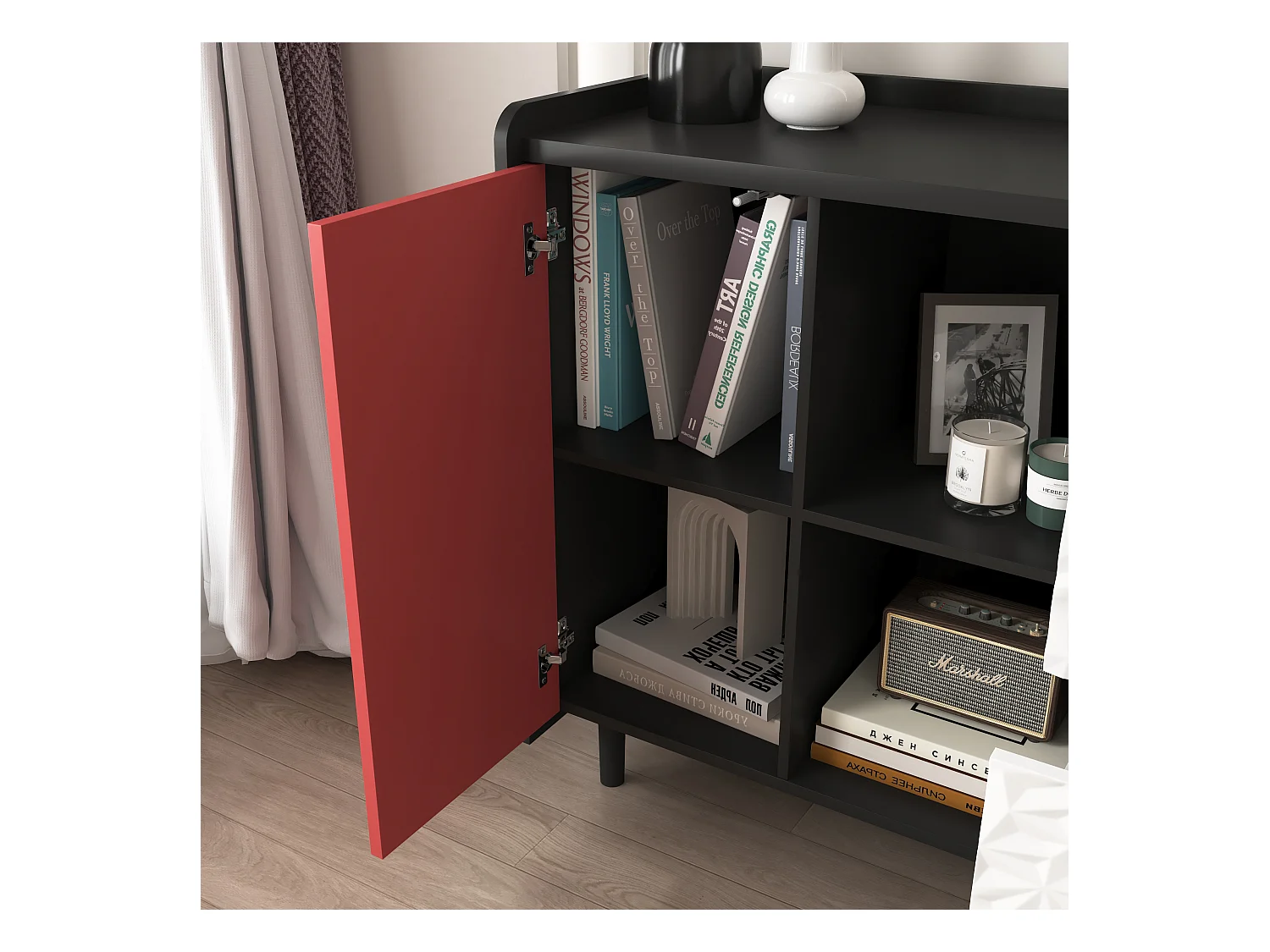 Buffet avec 2 tiroirs, 2 étagères ouvertes et portes rouges, meuble de rangement moderne en MDF noir et rouge (90x40x80 cm)