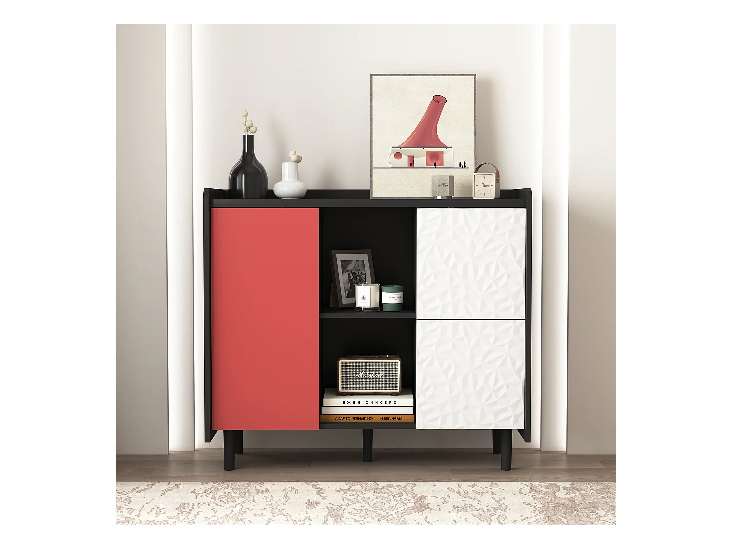 Buffet avec 2 tiroirs, 2 étagères ouvertes et portes rouges, meuble de rangement moderne en MDF noir et rouge (90x40x80 cm)