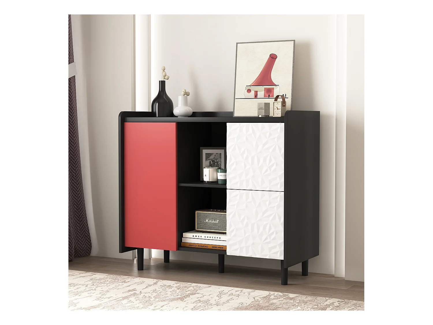 Buffet avec 2 tiroirs, 2 étagères ouvertes et portes rouges, meuble de rangement moderne en MDF noir et rouge (90x40x80 cm)