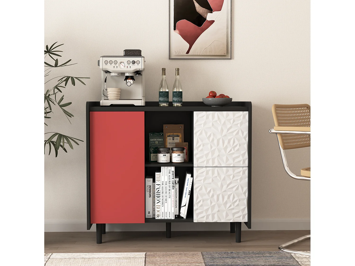 Buffet avec 2 tiroirs, 2 étagères ouvertes et portes rouges, meuble de rangement moderne en MDF noir et rouge (90x40x80 cm)