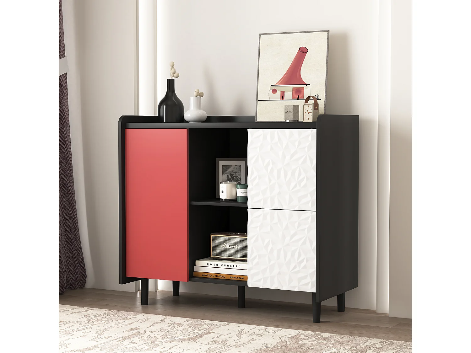 Buffet avec 2 tiroirs, 2 étagères ouvertes et portes rouges, meuble de rangement moderne en MDF noir et rouge (90x40x80 cm)
