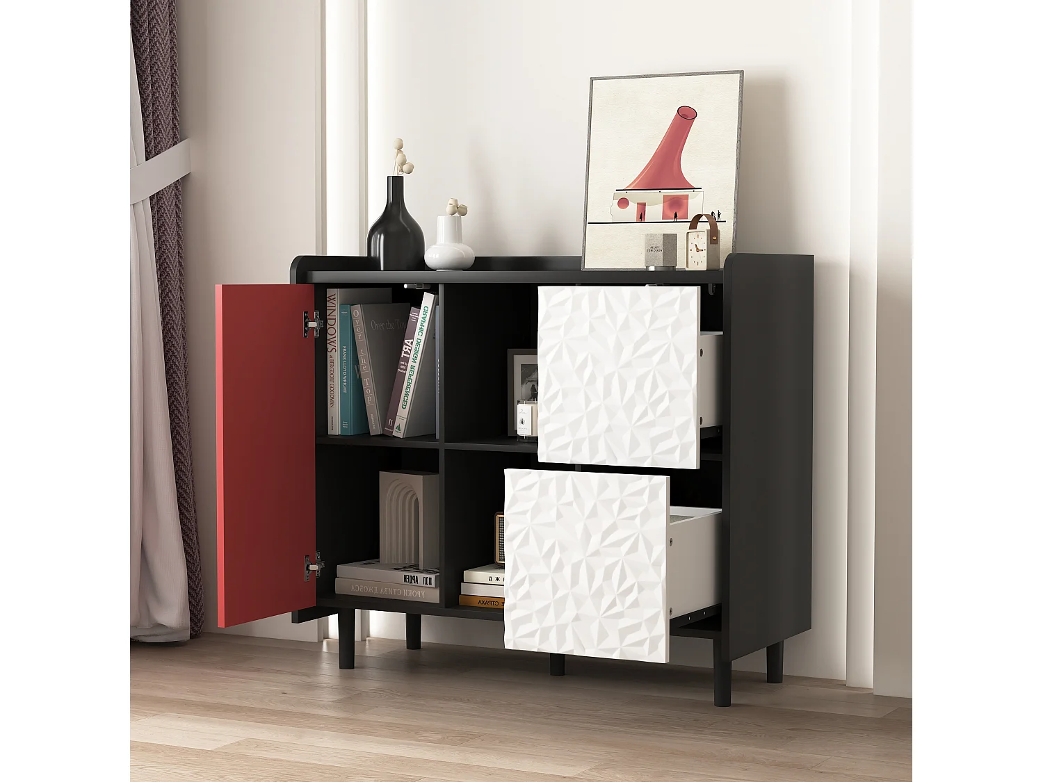Buffet avec 2 tiroirs, 2 étagères ouvertes et portes rouges, meuble de rangement moderne en MDF noir et rouge (90x40x80 cm)