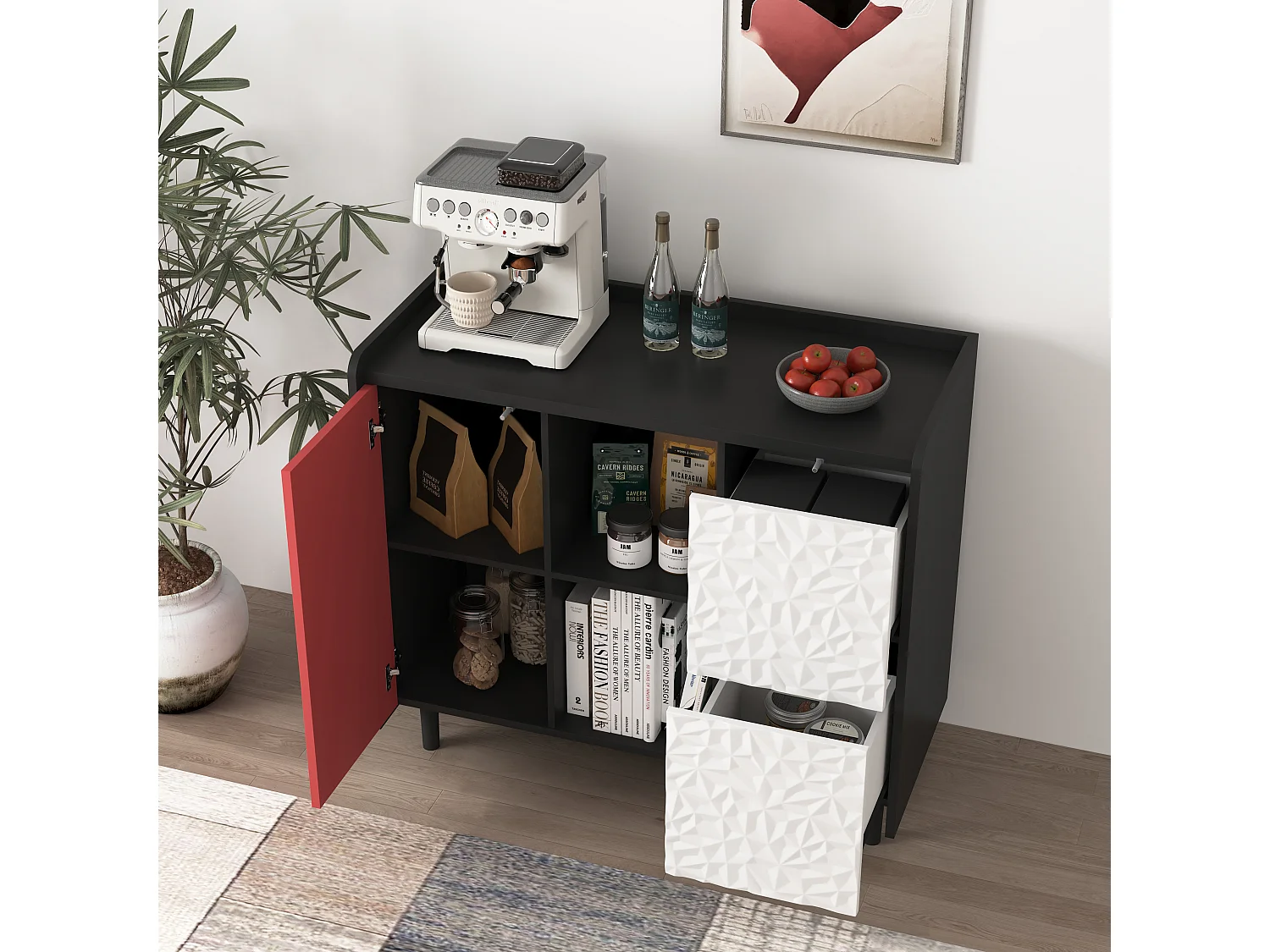 Buffet avec 2 tiroirs, 2 étagères ouvertes et portes rouges, meuble de rangement moderne en MDF noir et rouge (90x40x80 cm)
