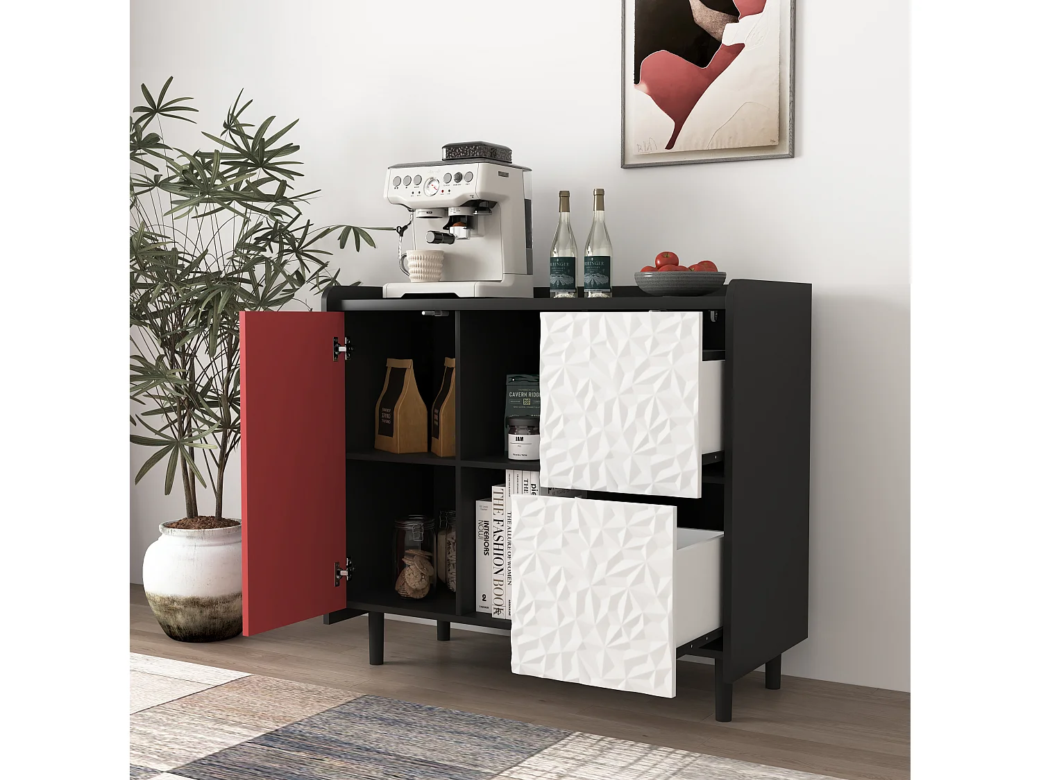 Buffet avec 2 tiroirs, 2 étagères ouvertes et portes rouges, meuble de rangement moderne en MDF noir et rouge (90x40x80 cm)