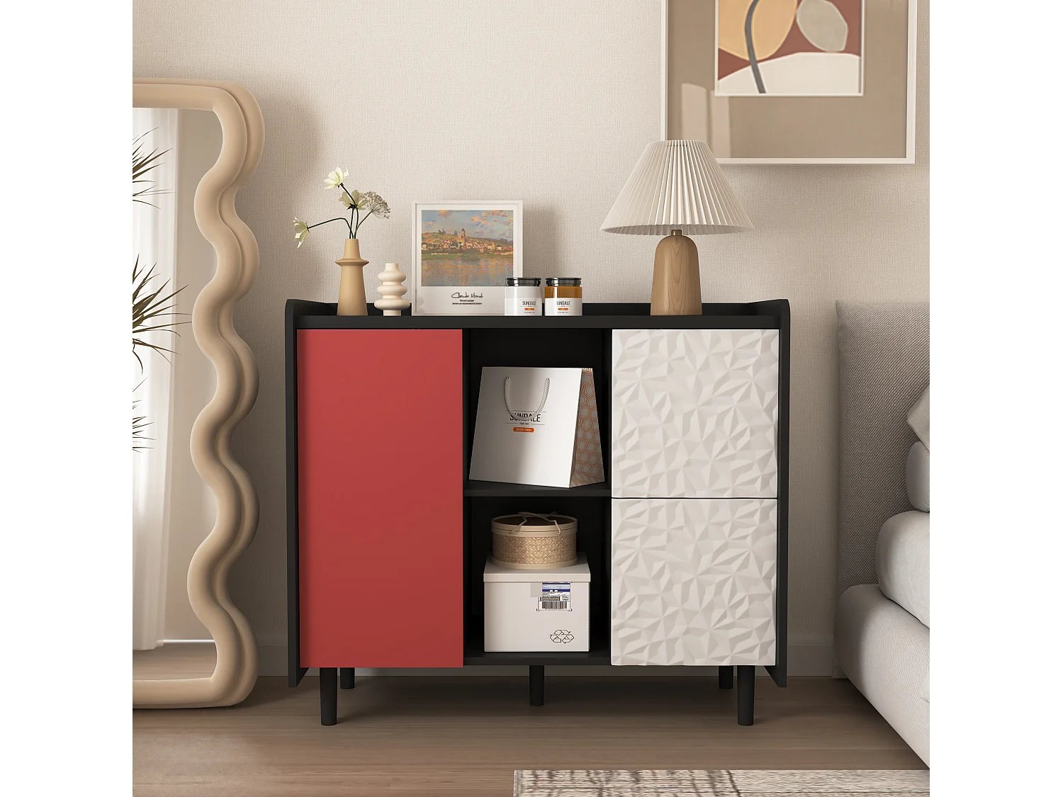 Buffet avec 2 tiroirs, 2 étagères ouvertes et portes rouges, meuble de rangement moderne en MDF noir et rouge (90x40x80 cm)
