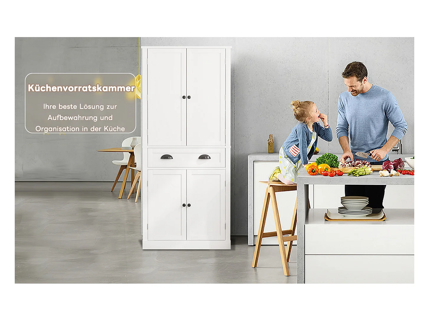 Armoire de rangement 182 cm, avec 4 portes et 1 tiroir, étagère réglable, MDF, blanc (80x40x182 cm)