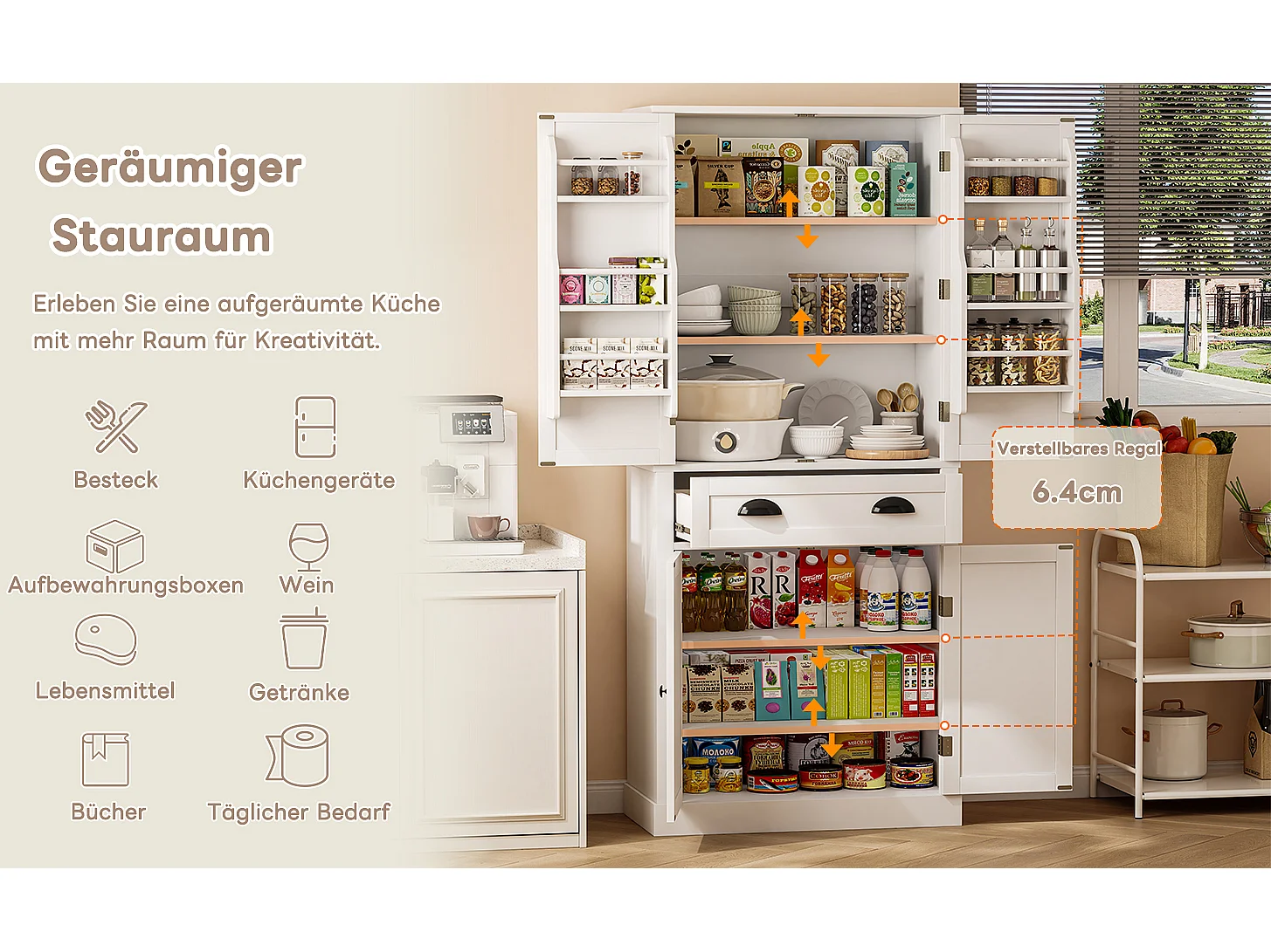 Armoire de rangement 182 cm, avec 4 portes et 1 tiroir, étagère réglable, MDF, blanc (80x40x182 cm)