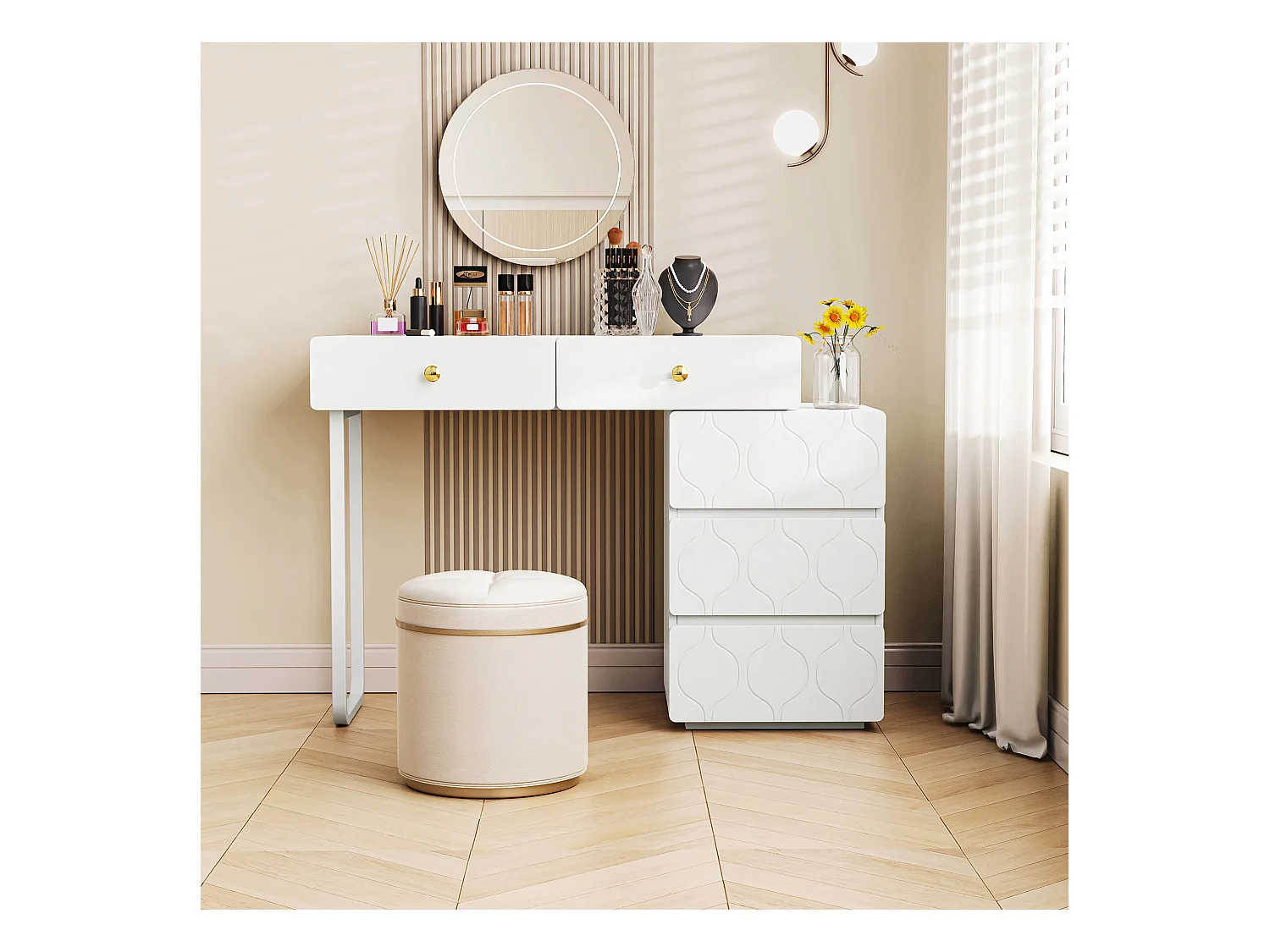 Tocador blanco con 3 cajones, diseño minimalista, MDF, estilo moderno, sin espejo ni taburete (90x40x73,5 cm)