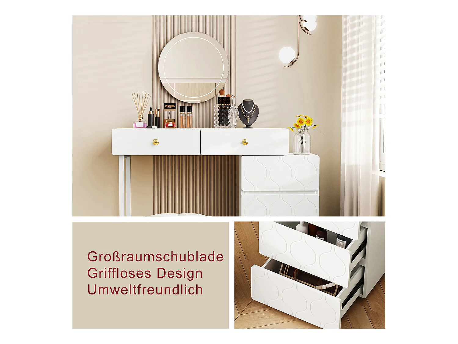 Tocador blanco con 3 cajones, diseño minimalista, MDF, estilo moderno, sin espejo ni taburete (90x40x73,5 cm)