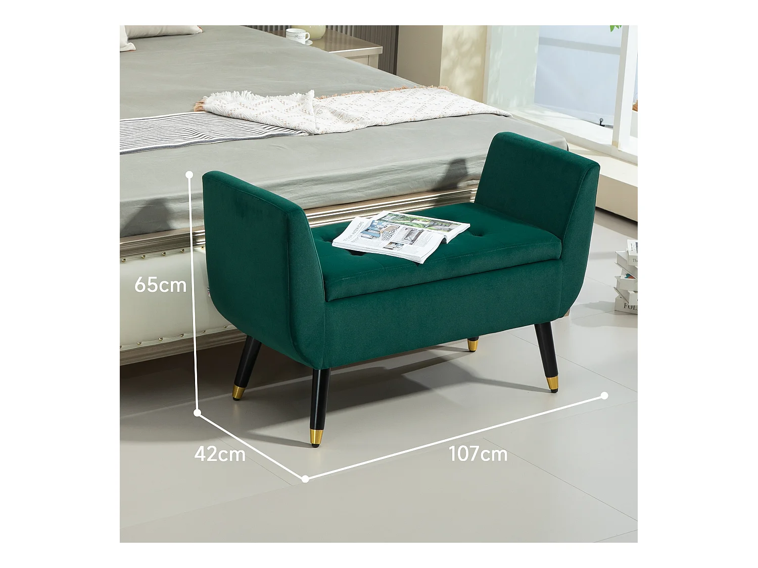 Banc de rangement avec accoudoirs, coussin rembourré en velours, structure en bois, vert (107x42x65 cm)