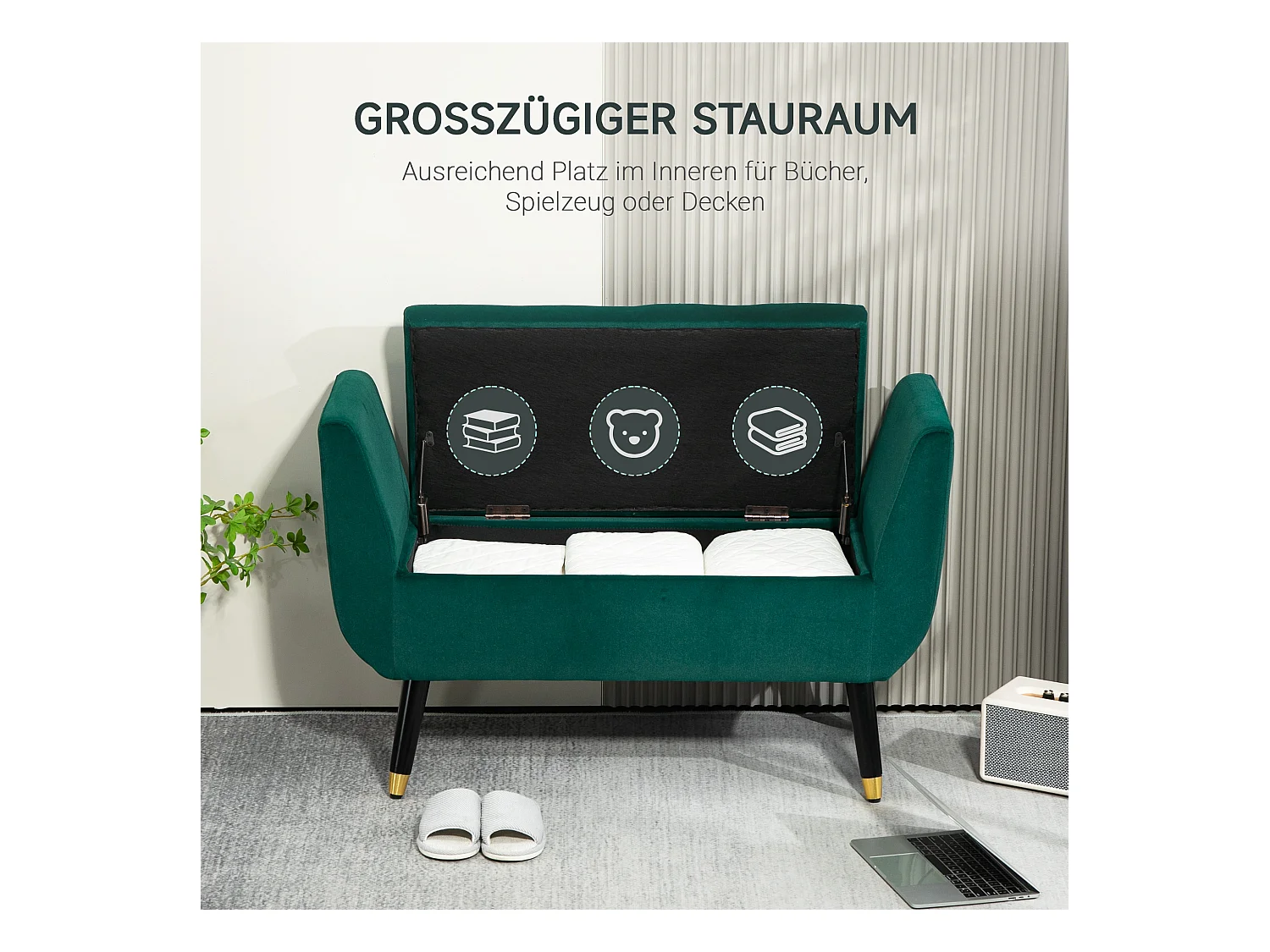 Banc de rangement avec accoudoirs, coussin rembourré en velours, structure en bois, vert (107x42x65 cm)