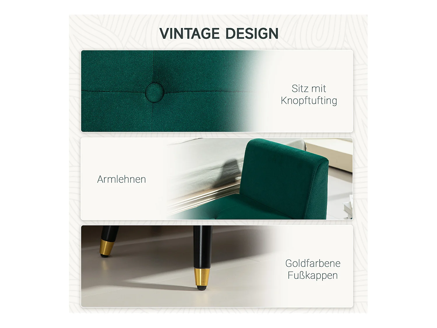 Banc de rangement avec accoudoirs, coussin rembourré en velours, structure en bois, vert (107x42x65 cm)