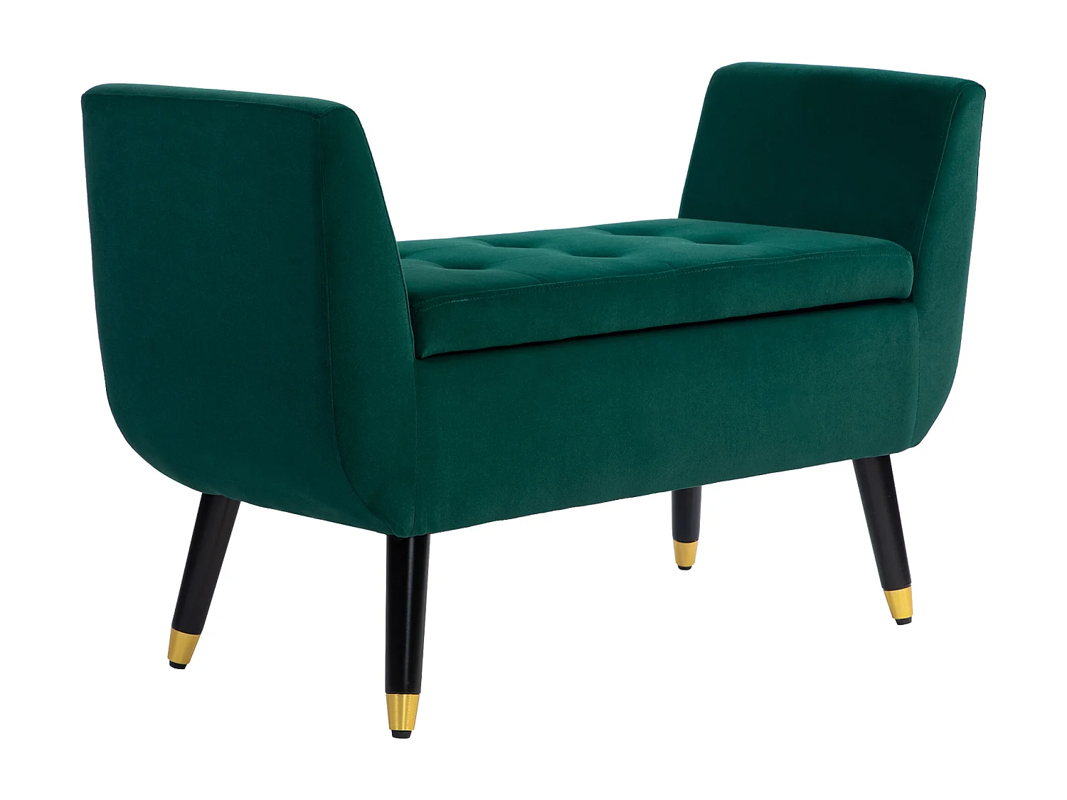 Banc de rangement avec accoudoirs, coussin rembourré en velours, structure en bois, vert (107x42x65 cm)