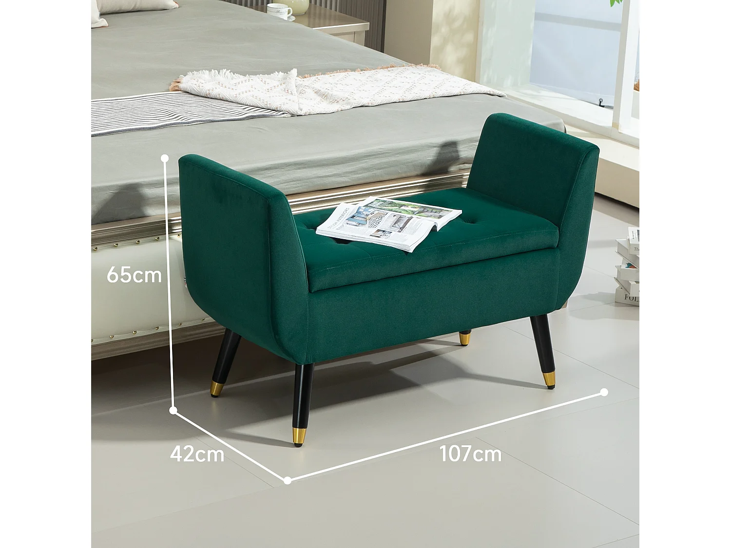 Banc de rangement avec accoudoirs, coussin rembourré en velours, structure en bois, vert (107x42x65 cm)