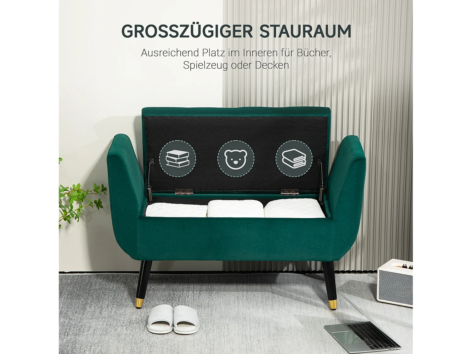 Banc de rangement avec accoudoirs, coussin rembourré en velours, structure en bois, vert (107x42x65 cm)