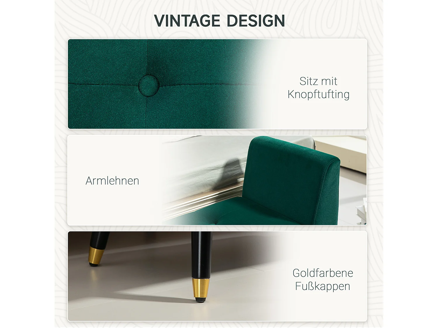 Banc de rangement avec accoudoirs, coussin rembourré en velours, structure en bois, vert (107x42x65 cm)