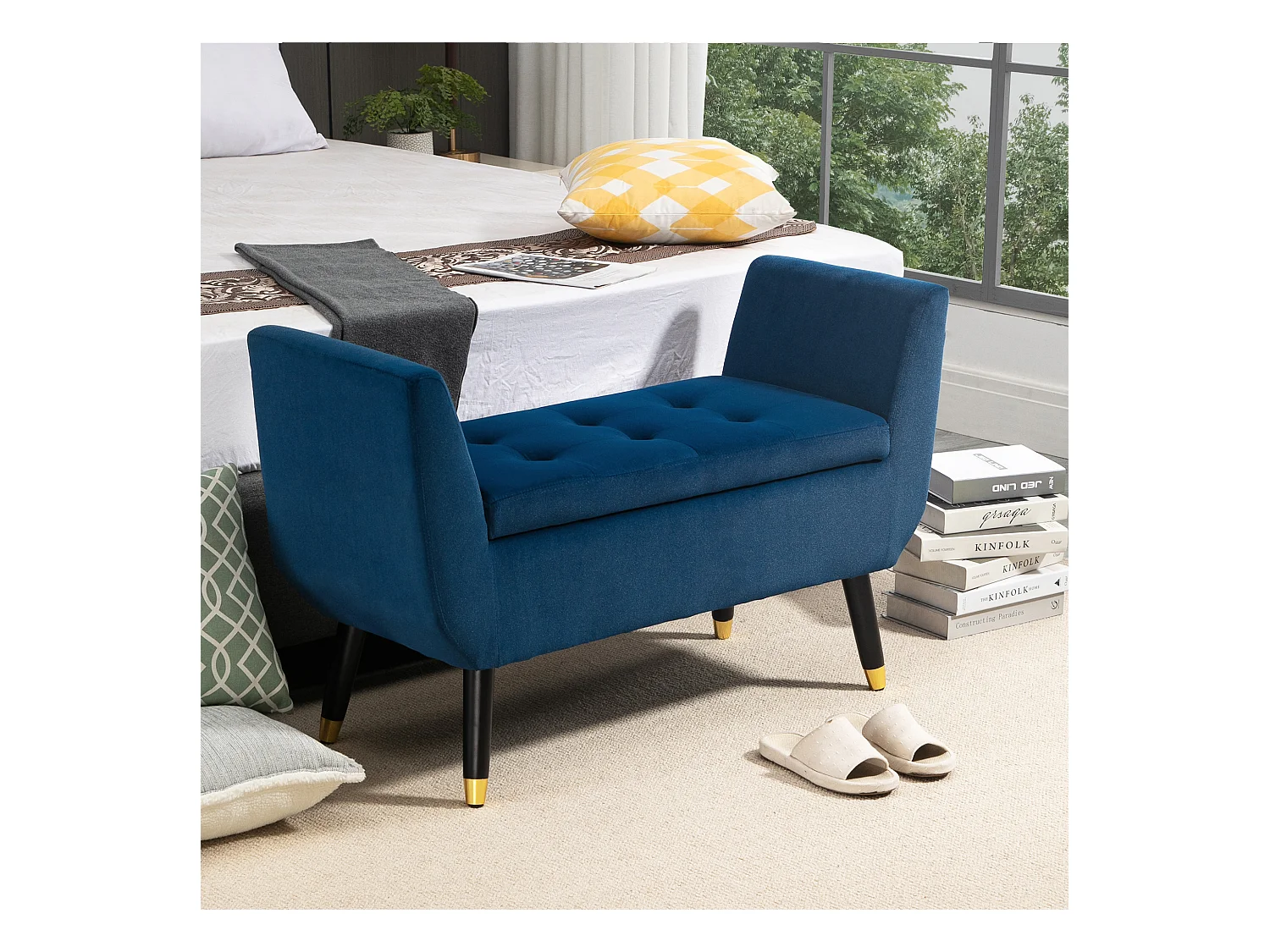 Opbergbank, elegant design, polyesterfluweel, rubberhout, beige (107x42x65 cm)