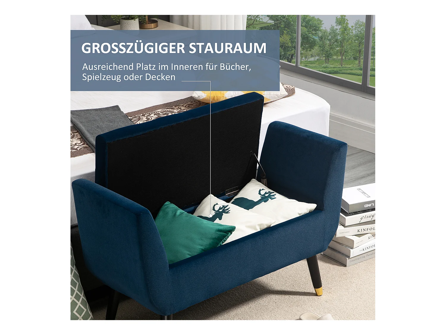 Opbergbank, elegant design, polyesterfluweel, rubberhout, beige (107x42x65 cm)