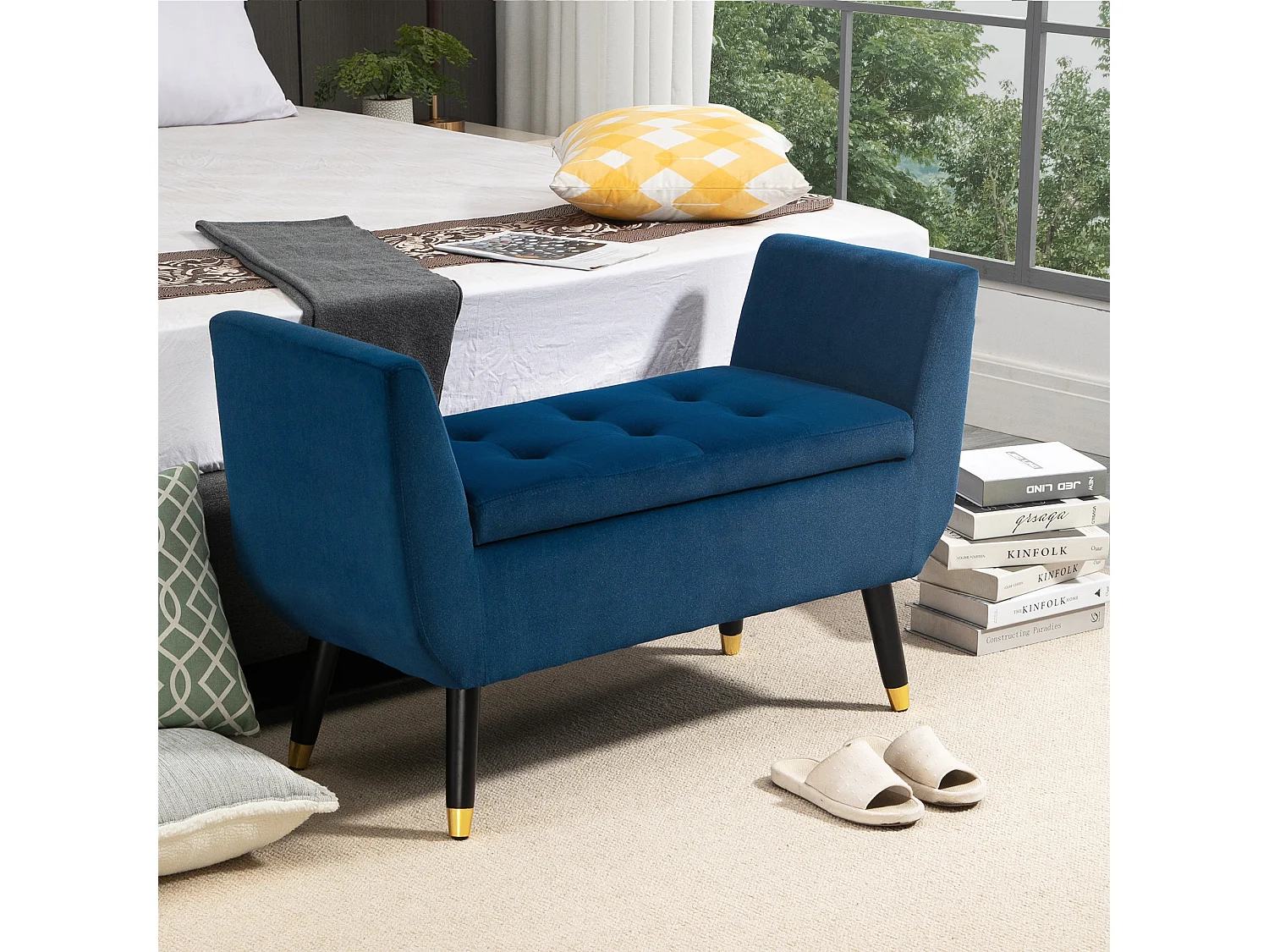 Banc de Rangement, Design Élégant, Tissu Velours Polyester, Bois de Caoutchouc, Beige (107x42x65 cm)