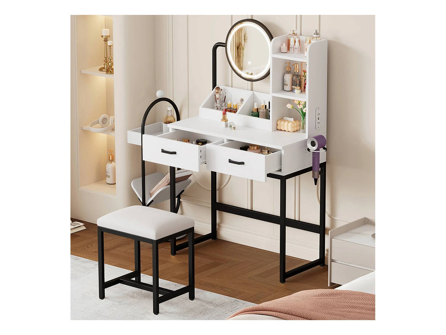 Coiffeuse moderne avec éclairage LED, miroir rotatif, prises USB, MDF, blanc (80x40x138.5 cm)