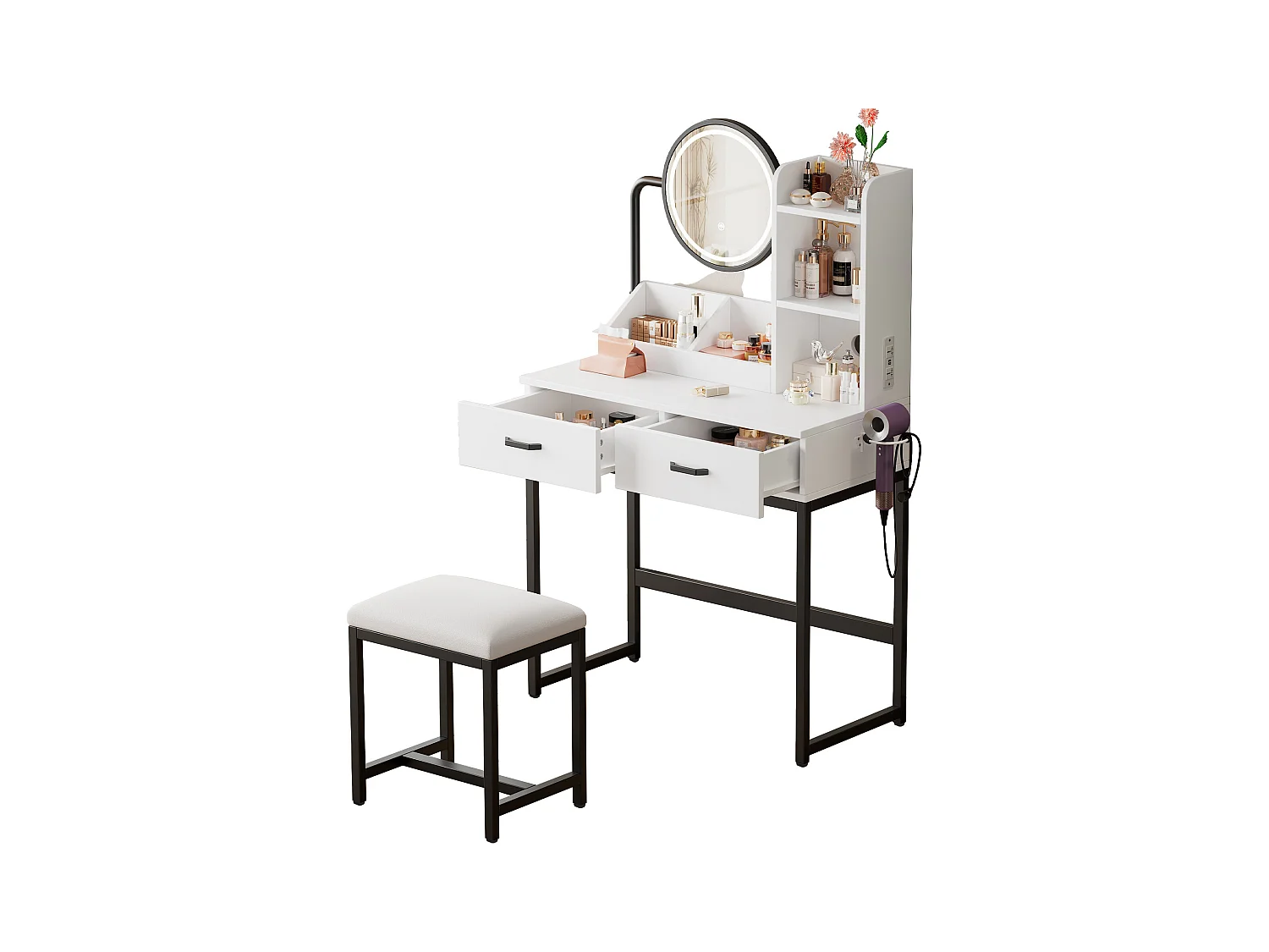 Coiffeuse moderne avec éclairage LED, miroir rotatif, prises USB, MDF, blanc (80x40x138.5 cm)