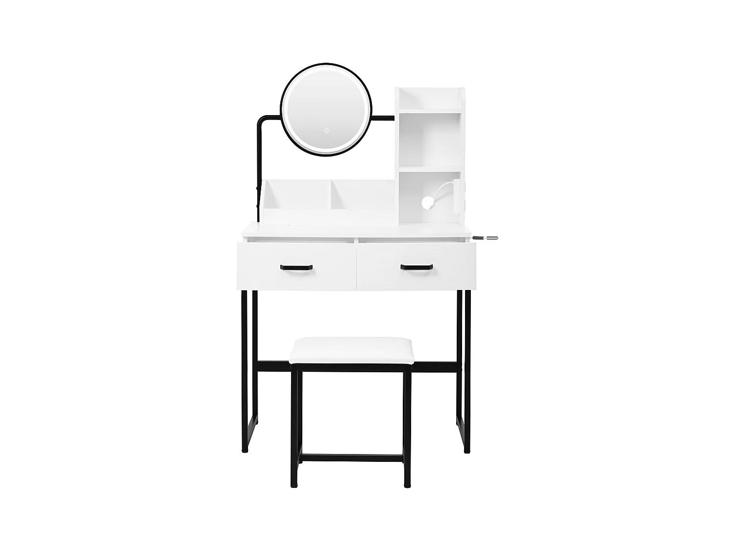 Coiffeuse moderne avec éclairage LED, miroir rotatif, prises USB, MDF, blanc (80x40x138.5 cm)