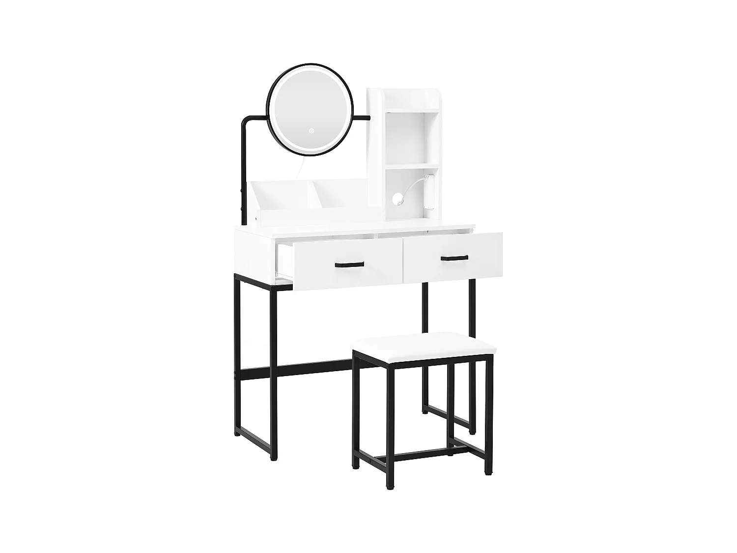 Coiffeuse moderne avec éclairage LED, miroir rotatif, prises USB, MDF, blanc (80x40x138.5 cm)