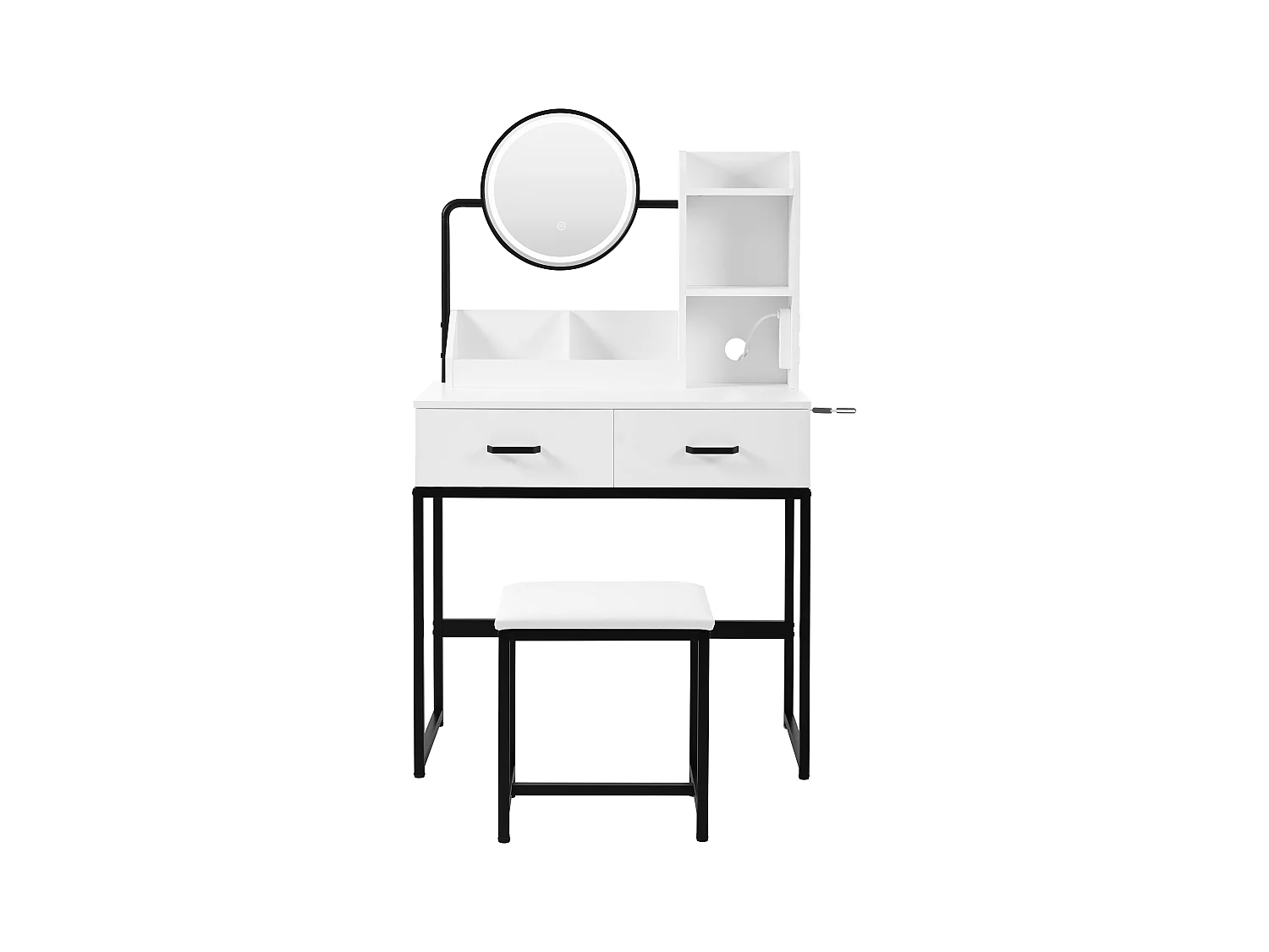 Coiffeuse moderne avec éclairage LED, miroir rotatif, prises USB, MDF, blanc (80x40x138.5 cm)