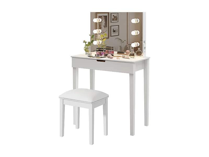 Coiffeuse avec miroir et 6 ampoules LED, avec tabouret, MDF, blanc (125x40x80 cm)