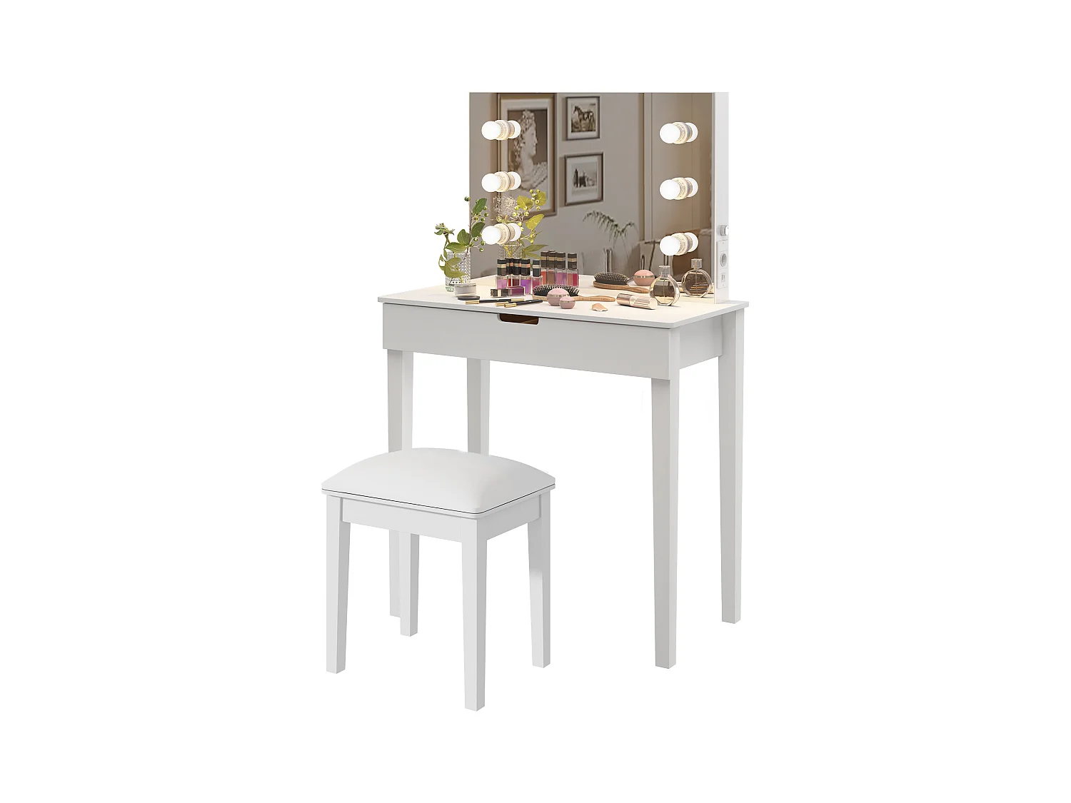 Coiffeuse avec miroir et 6 ampoules LED, avec tabouret, MDF, blanc (125x40x80 cm)