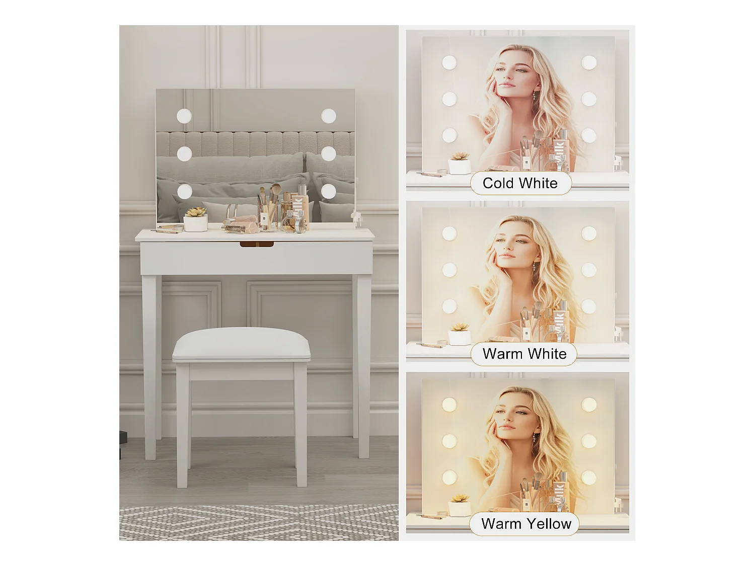 Coiffeuse avec miroir et 6 ampoules LED, avec tabouret, MDF, blanc (125x40x80 cm)
