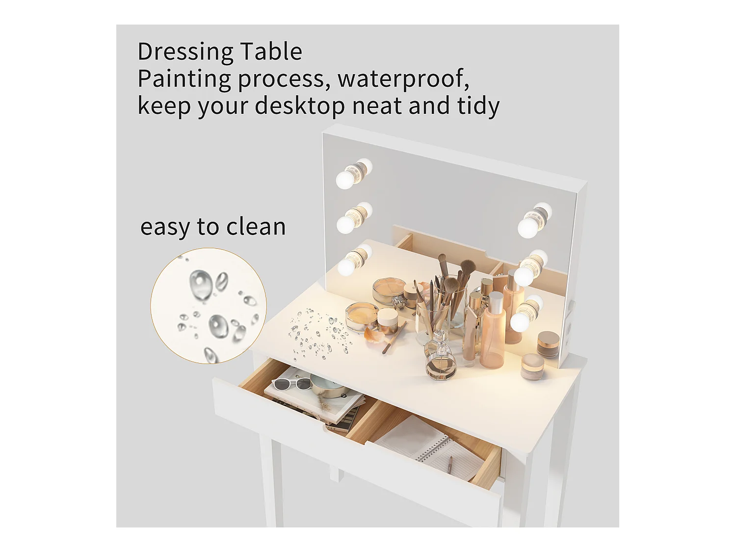 Coiffeuse avec miroir et 6 ampoules LED, avec tabouret, MDF, blanc (125x40x80 cm)