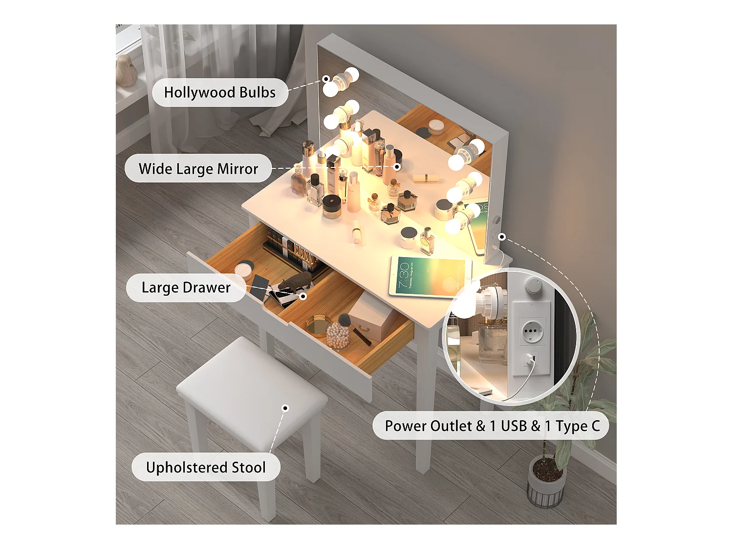 Coiffeuse avec miroir et 6 ampoules LED, avec tabouret, MDF, blanc (125x40x80 cm)