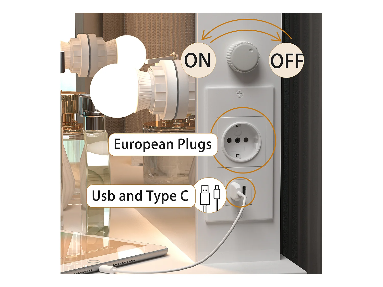Coiffeuse avec miroir et 6 ampoules LED, avec tabouret, MDF, blanc (125x40x80 cm)