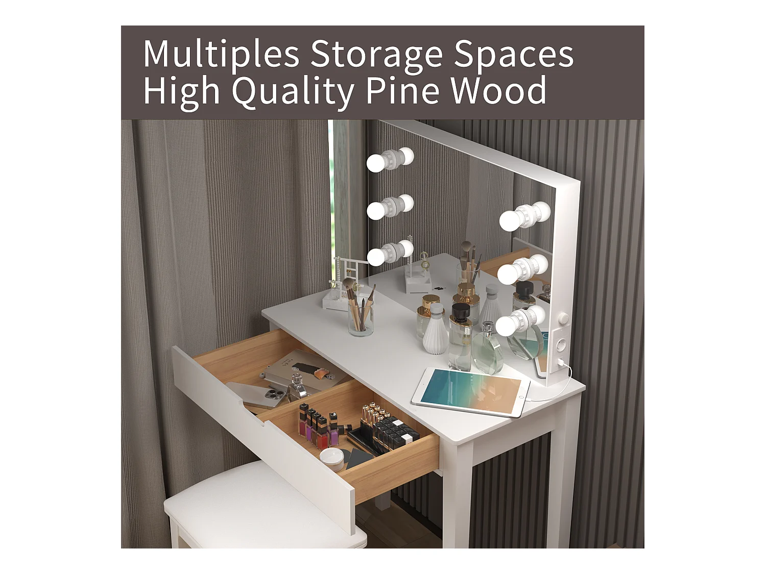 Coiffeuse avec miroir et 6 ampoules LED, avec tabouret, MDF, blanc (125x40x80 cm)