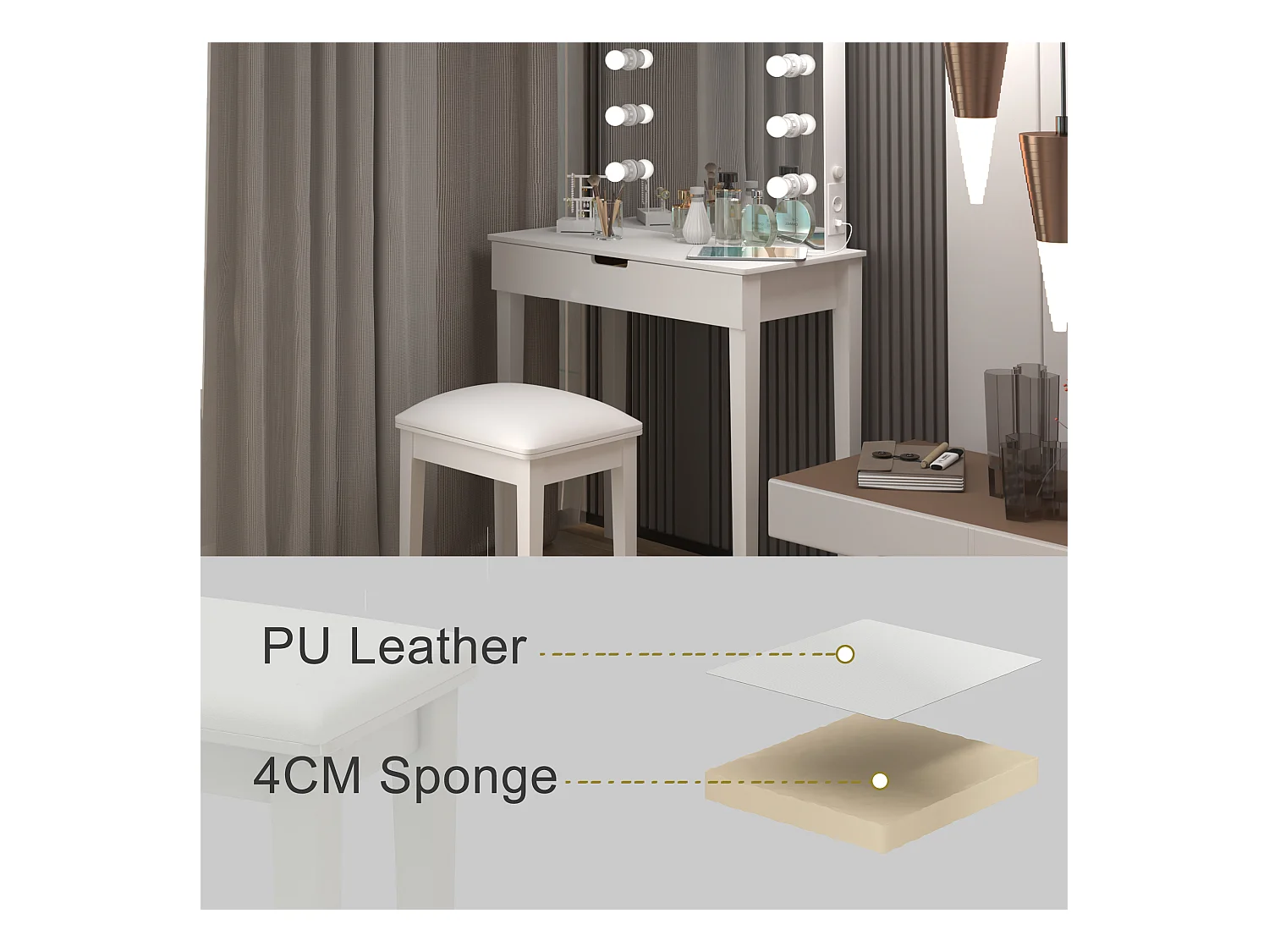 Coiffeuse avec miroir et 6 ampoules LED, avec tabouret, MDF, blanc (125x40x80 cm)