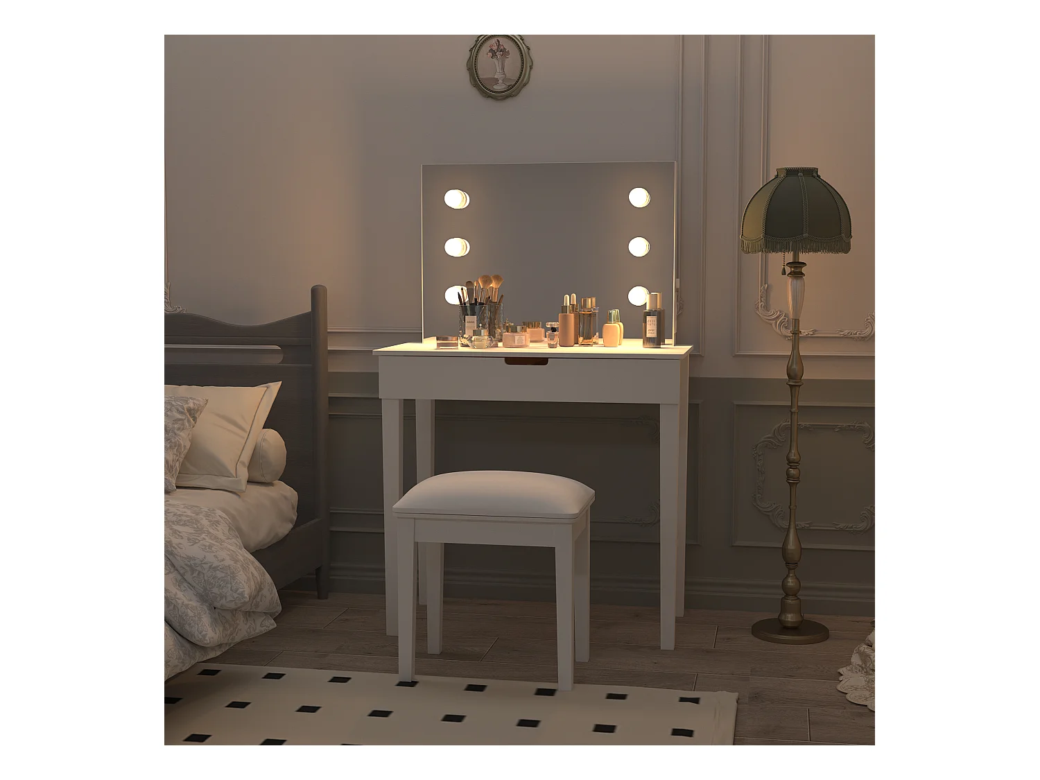 Coiffeuse avec miroir et 6 ampoules LED, avec tabouret, MDF, blanc (125x40x80 cm)