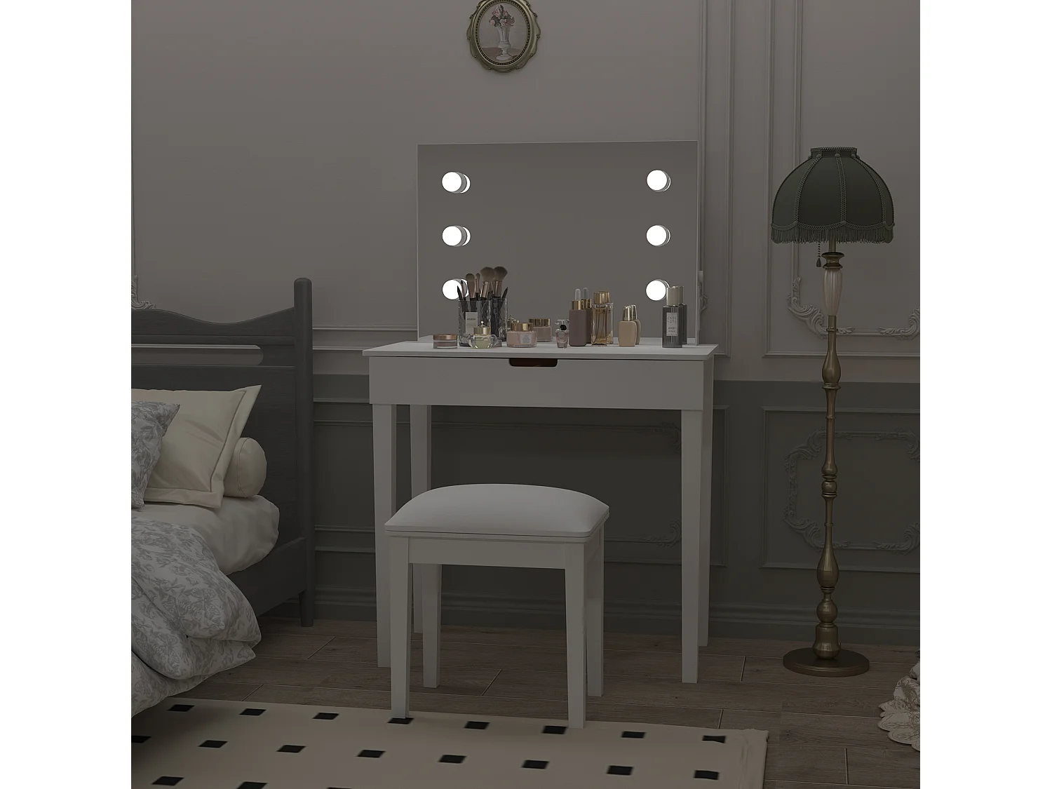 Coiffeuse avec miroir et 6 ampoules LED, avec tabouret, MDF, blanc (125x40x80 cm)